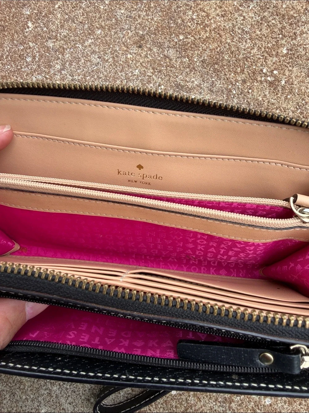 kate spade Black Leather Zip Wristlet with Gold Logo